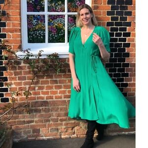 SUNCOO Paris NWOT Vibrant Jewel Tone Cibel Midi Wrap Dress Puff Short Sleeve S